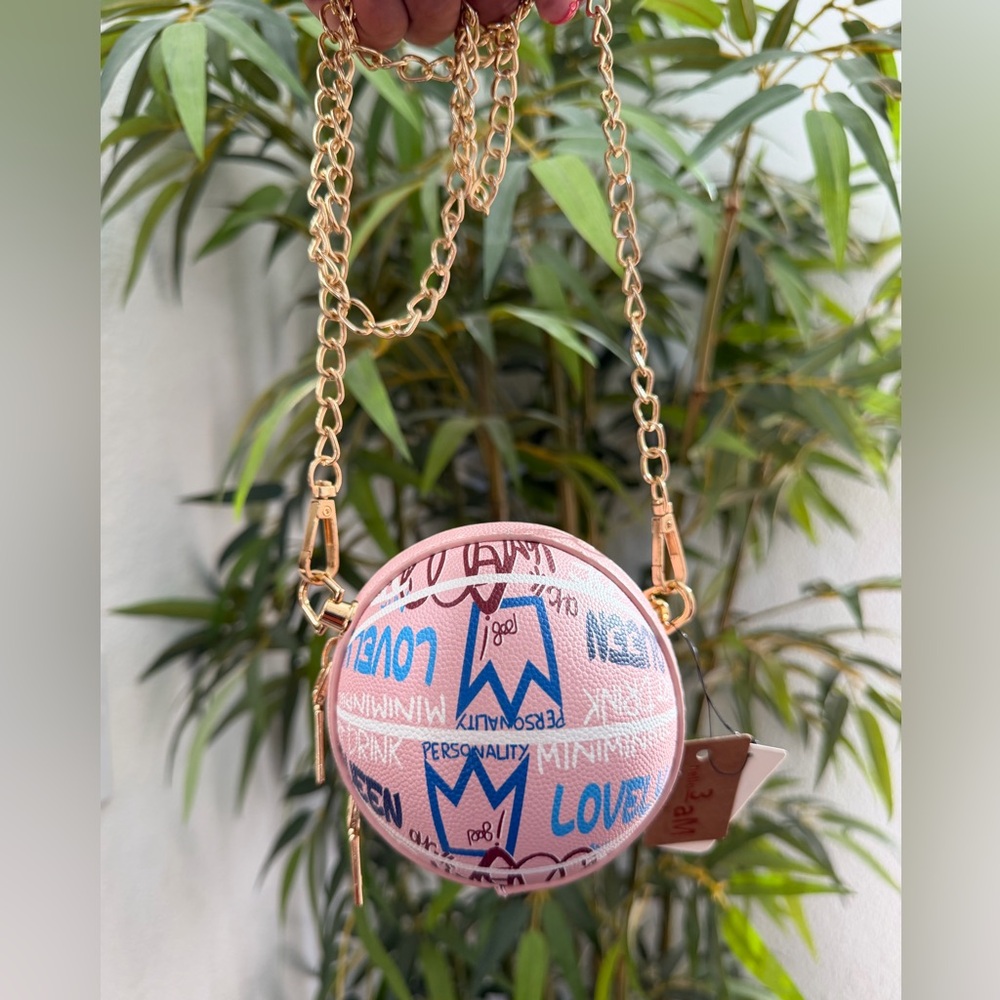 Pink Graphic Round Crossbody Bag with Gold Chain Strap Mini